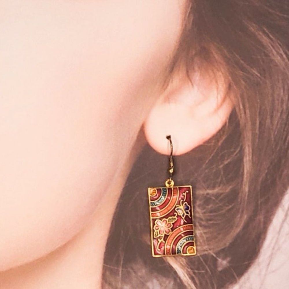 Vintage Enamel Cloisonn Rectangular Earrings Butt… - image 3
